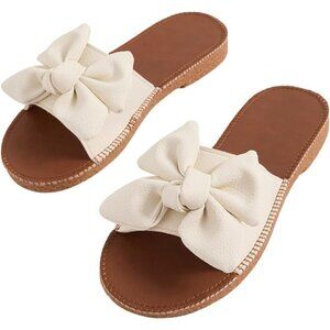 Women's Bow Knot Open Toe Leather Flat Slides Slippers Tan Shoes